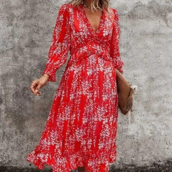 Red Floral Ditsy Ruffle Hem Dress Shabby Chic Cottagecore - Picture 4 of 5